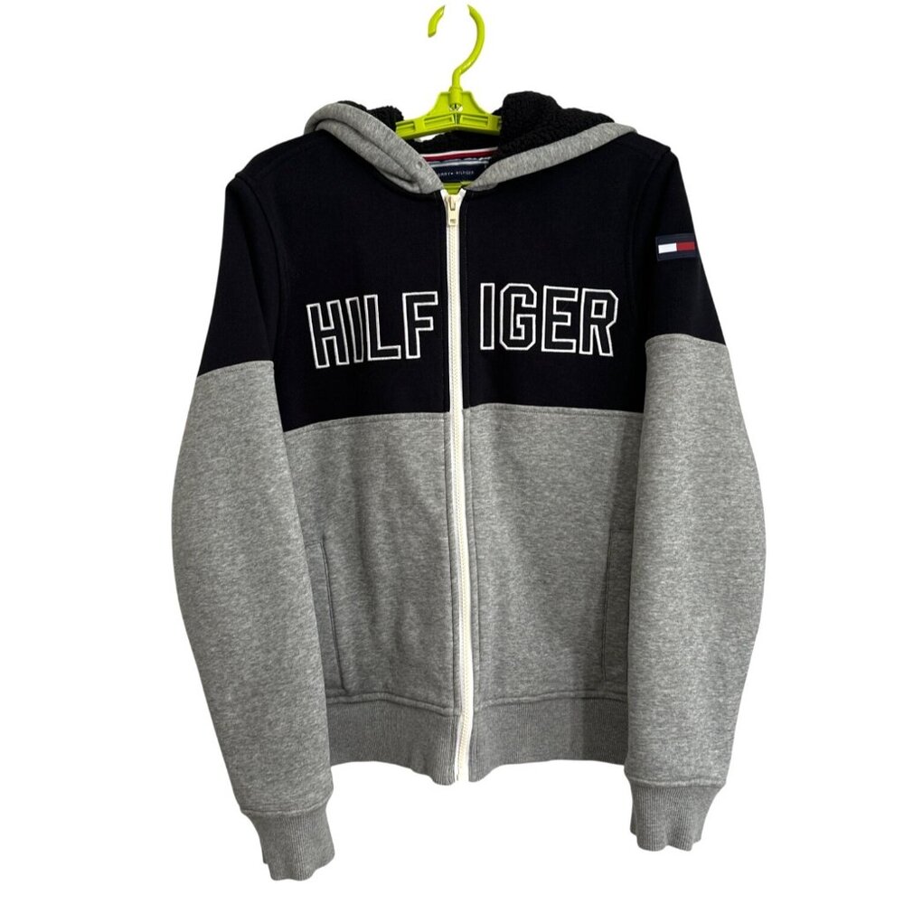 Tommy Hilfiger Youth Small Hoodie Sherpa Lined Jacket Zip Up Black Gray Unisex